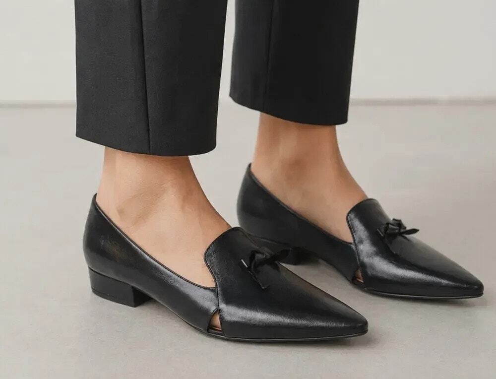 Cole Haan Viola Skimmer Black Leather Point Toe Loafers-Bow-Cutout sz 7.5